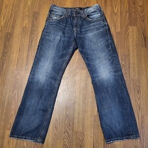 Men's Silver Jeans Co. Gordie W32 L32 Thick Stitch Distressed Denim Jeans C91